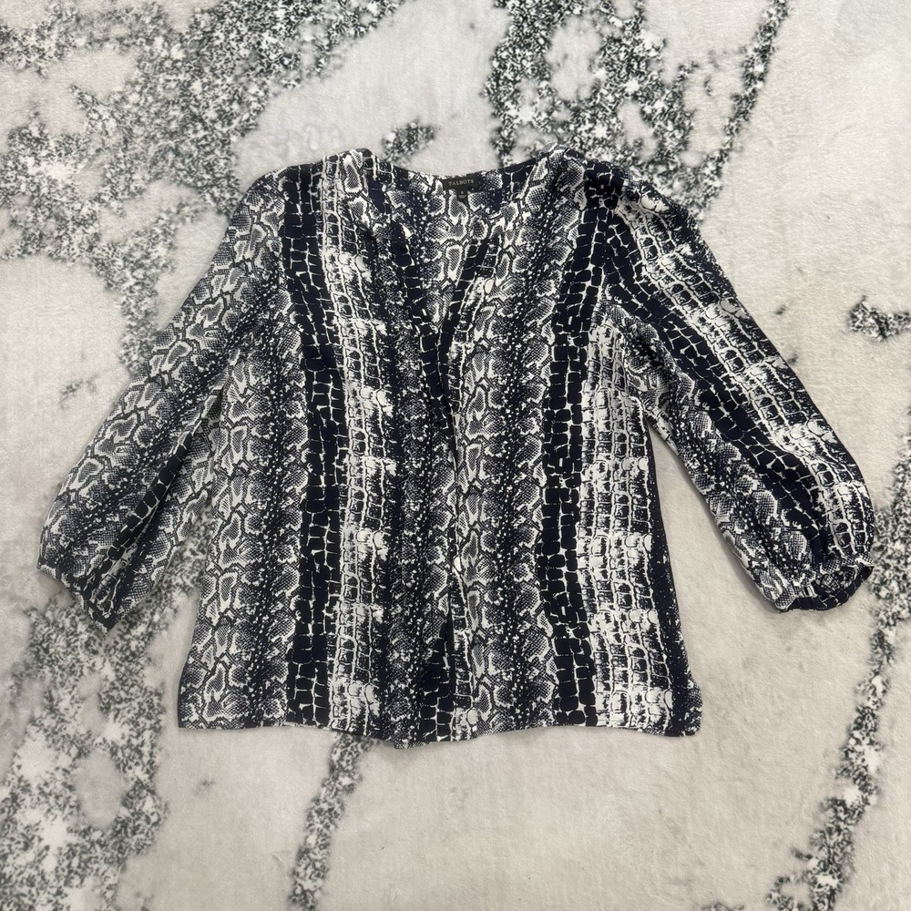 Talbots Womens Size 6 100% Silk Blouse Navy White Snake Print 3/4 Sleeve Top